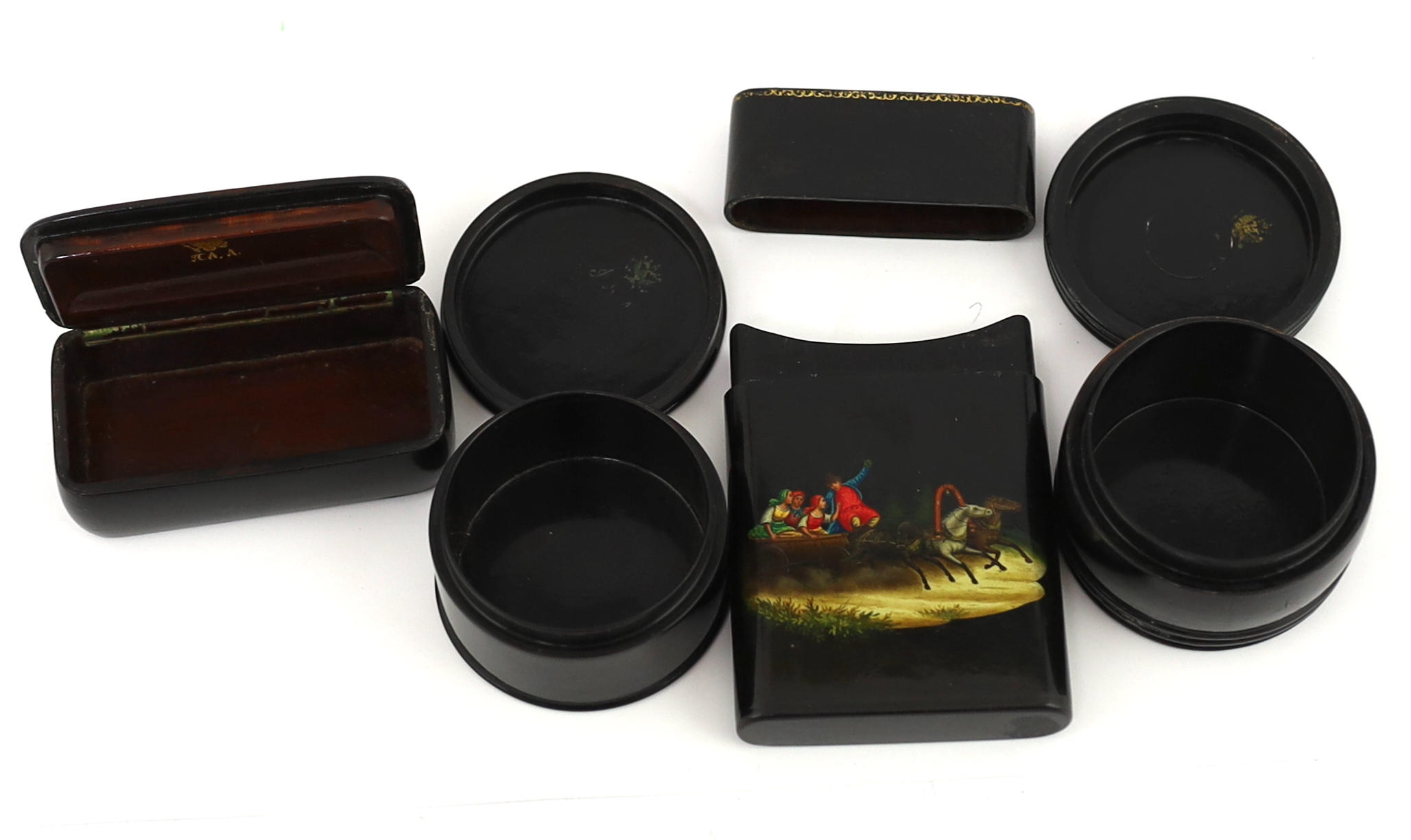 Four Russian lacquer boxes, by Lukutin, c.1840-60